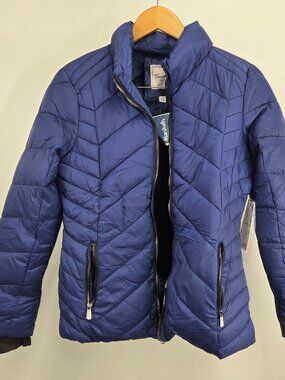 Snobbish Collection Women's Large Blue Puffer Jacket Faux Fur Lined Quilted Zip